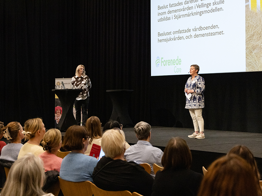 Guri Thelin, kvalitetsansvarig vård och omsorg, och Barbro Carlsson, Silviasyster, från skånska Vellinge berättade om hur man hos dem sedan flera år har en väl fungerande samverkan mellan kommun, vårdcentraler och olika vårdleverantörer. Bland annat har man ett multiprofessionellt kognitivt team i hemsjukvården som erbjuder varje person som får en demensdiagnos ett hembesök, så att man kan följa och stödja både personen som är sjuk och de anhöriga. ”Då handlar det om att arbeta personcentrerat och proaktivt – vem har vi framför oss och vad kan vi erbjuda just den här personen”, sa Barbro Carlsson, och tillade: ”Och så behöver personen inte ha en massa olika kontakter, utan har vi träffats då är det jag som är navet och kopplar in andra när det behövs.”